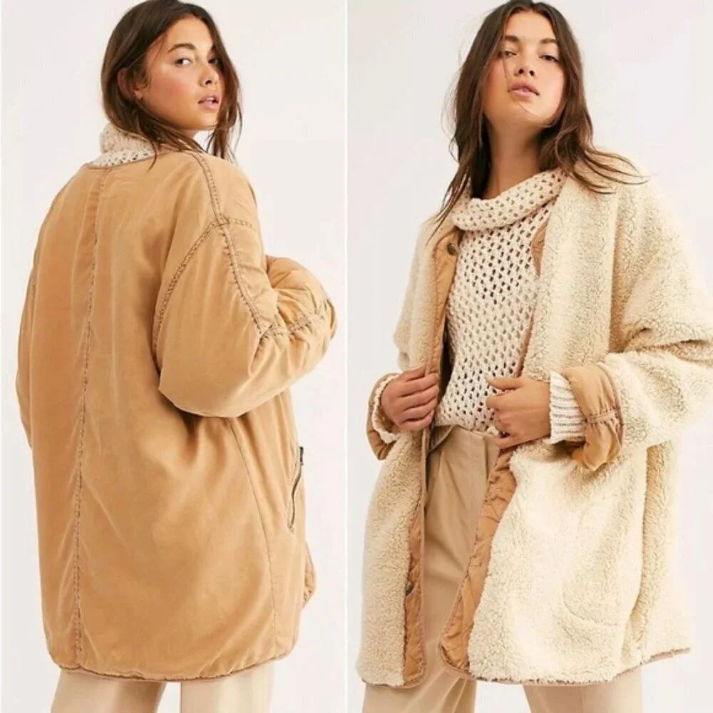 Free People Reversible Ivy Jacket Coat Shearling Oversized Slouchy Fall Winter - Picture 2 of 16